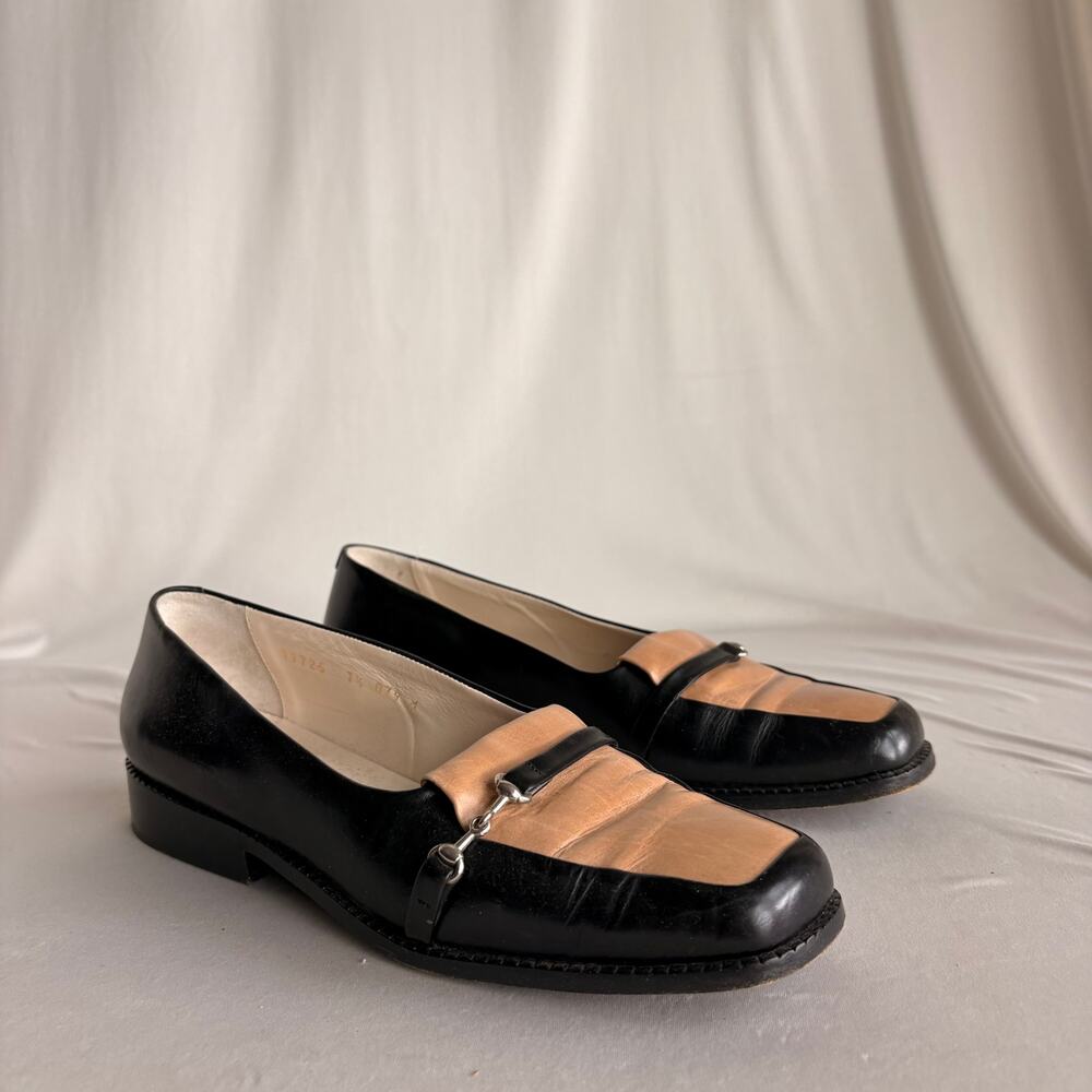 Vintage Joan & David Black & Tan Leather Loafers - Silver Horsebit Hardware